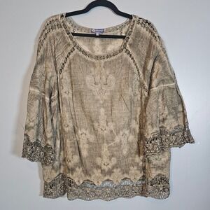Democracy Womens XL Olive Green Acid Wash Boho Crochet Lace Embroidered Blouse